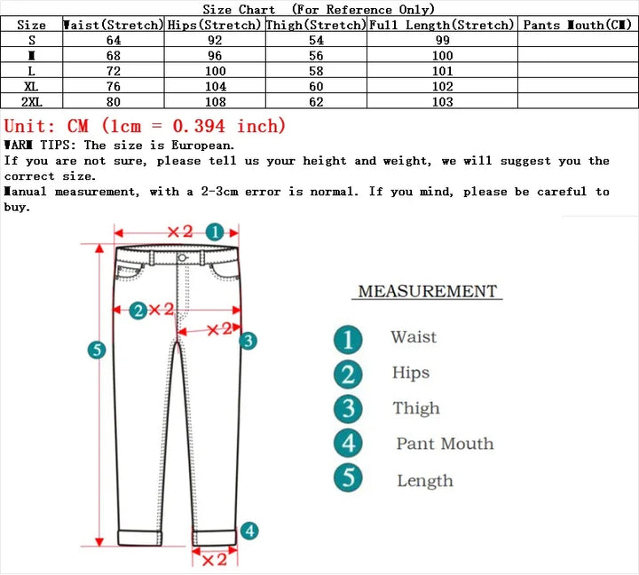 Size chart for pants with measurements and a diagram of a pair of pants.