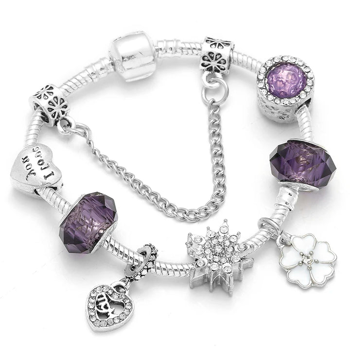 Silberfarbenes Charm-Armband mit violettem Kristallperlen-Set, Herz-Schmuck und Stern-Charms