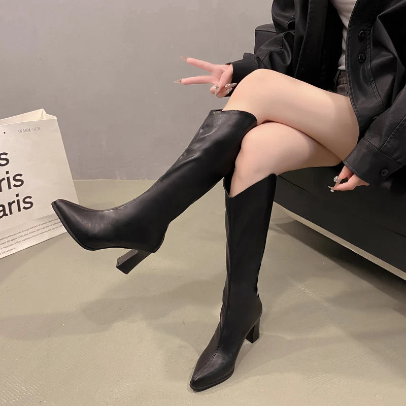 ✨ Modern Knee-High Heels PU Leather Boots 👢 - Flossy Mom