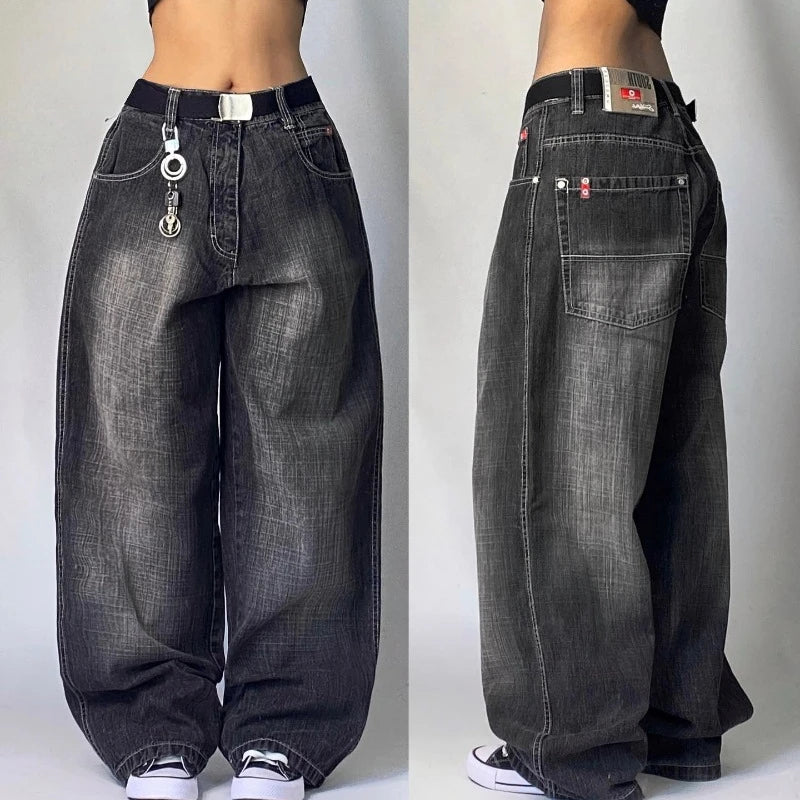 Washed Denim Baggy Button-fly Cargo Low Waist Jeans