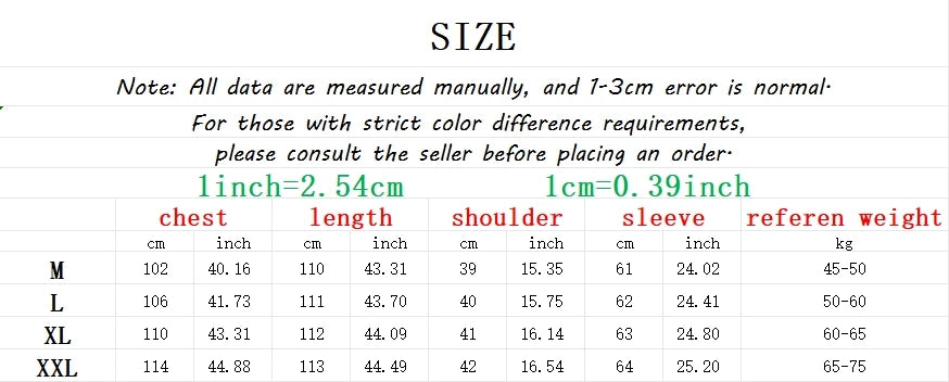 Measurement chart for clothing sizes with inch and cm conversions.