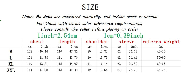 Measurement chart for clothing sizes with inch and cm conversions.