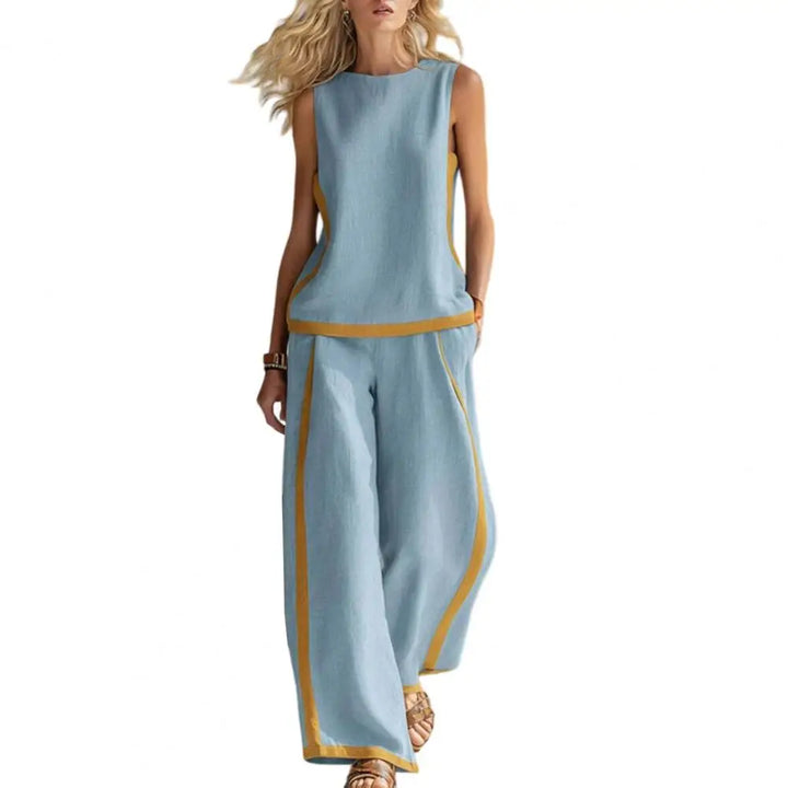 Sky blue sleeveless vest and wide-leg pants set with gold trim, front view