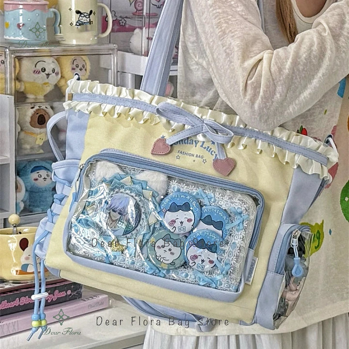 Y2K Lace Bow Transparent Tote — Sweet Lolita Patchwork Shoulder Bag With Insert