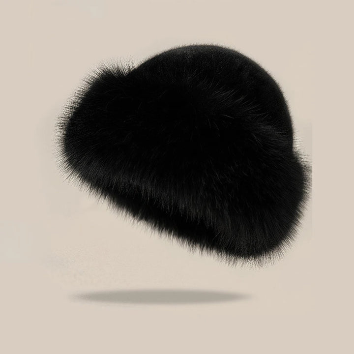Warm plush faux fur hat, black rounded top with thick furry fold brim