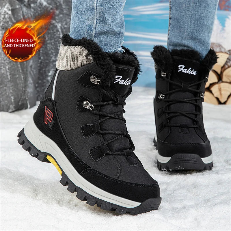 Black lace-up ski boots with faux-fur ankle cuff, metal eyelets, and tread