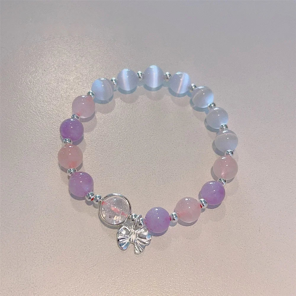 Women's purple crystal beaded elastic bracelet with starfish charm and round ring