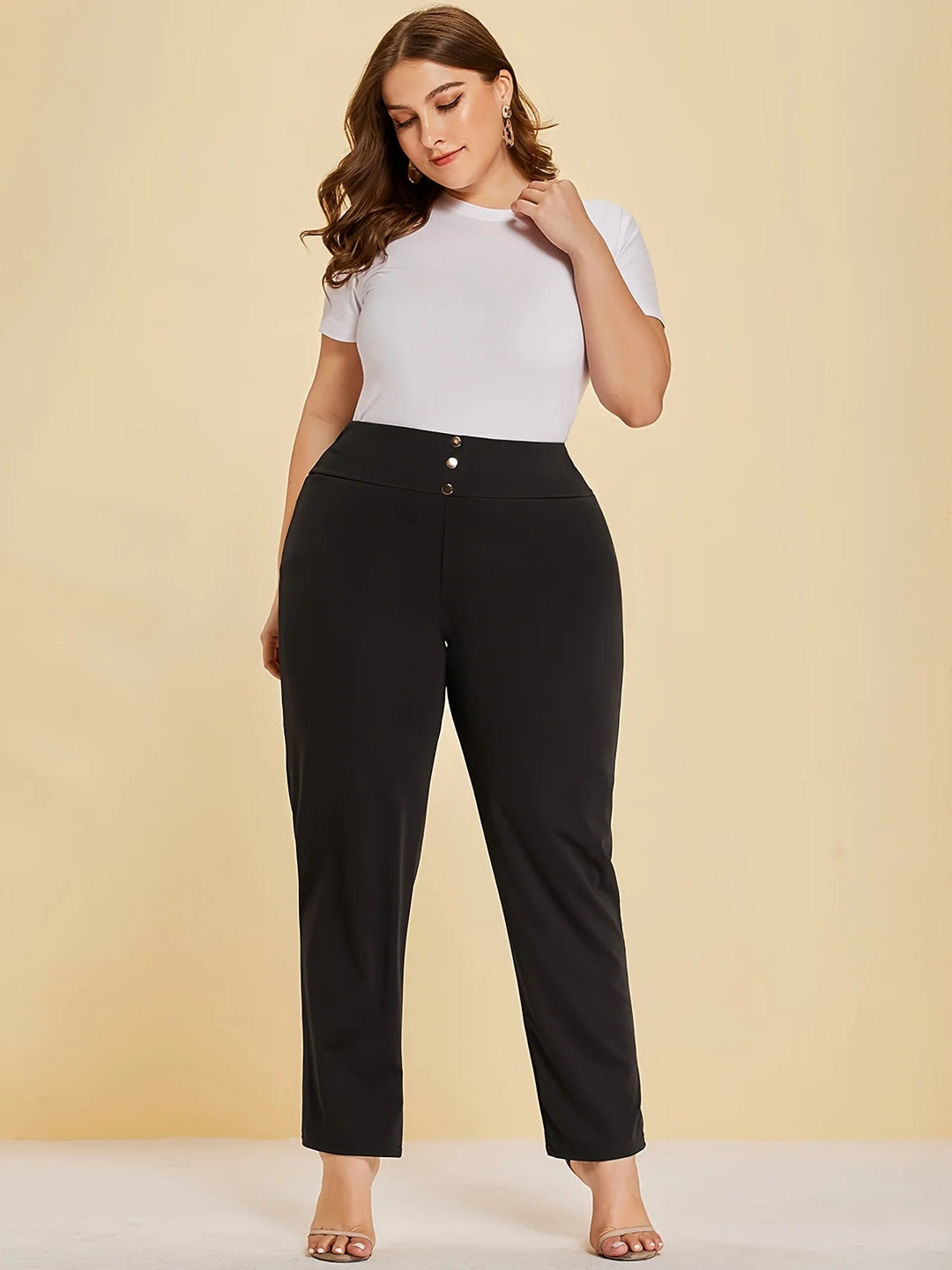 Elastic High Waist Button Fly Plus Size Office Pants - Flossy Mom
