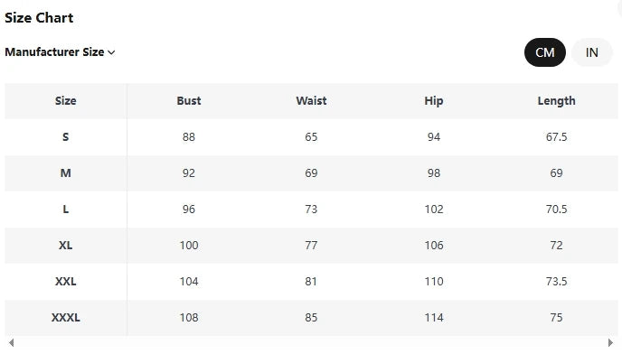 Size chart table showing women’s swimsuit bust, waist, hip, and length measurements.