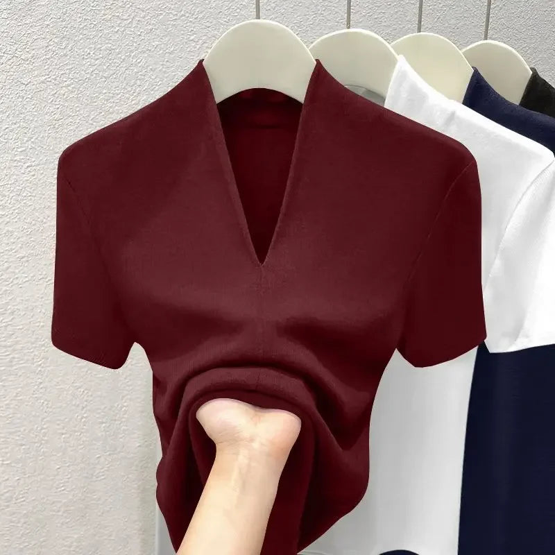 Burgundy slim-fit V-neck women’s summer top, short sleeves with close-fitting drape