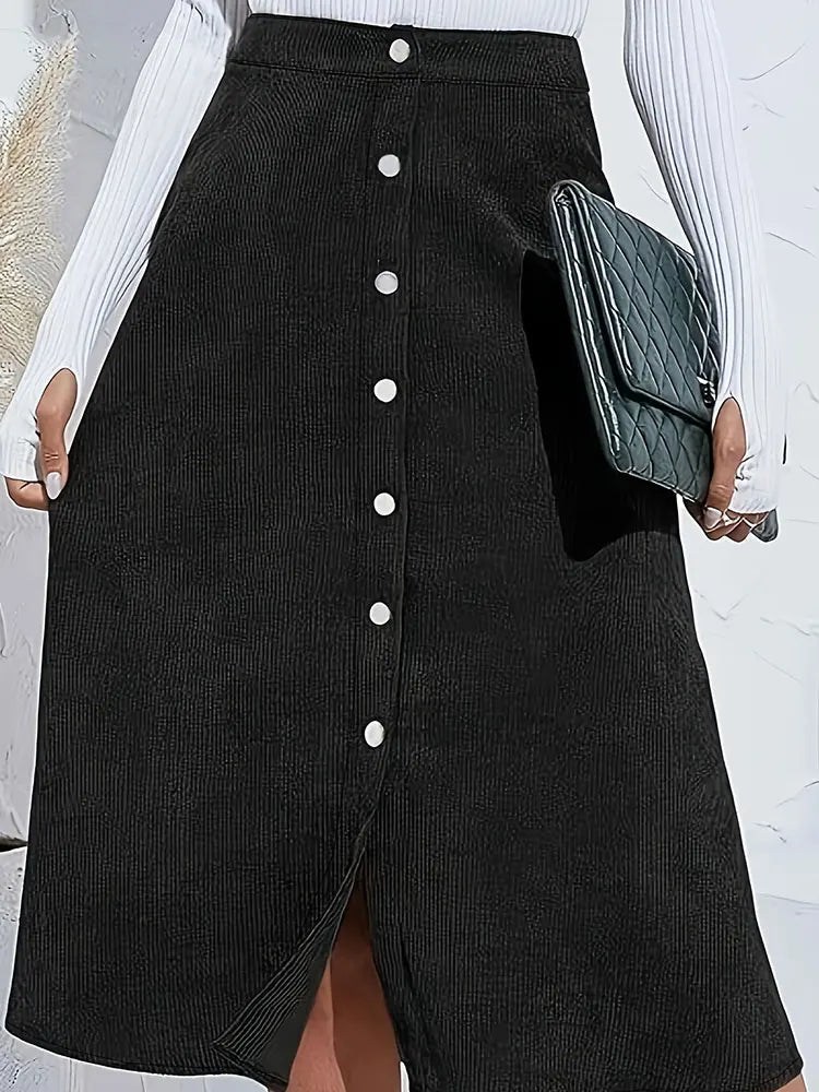 Office Lady Button Front Slit Plus Size Women's Midi Skirts