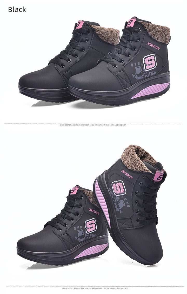 Black high-top sneakers with pink accents on a white background