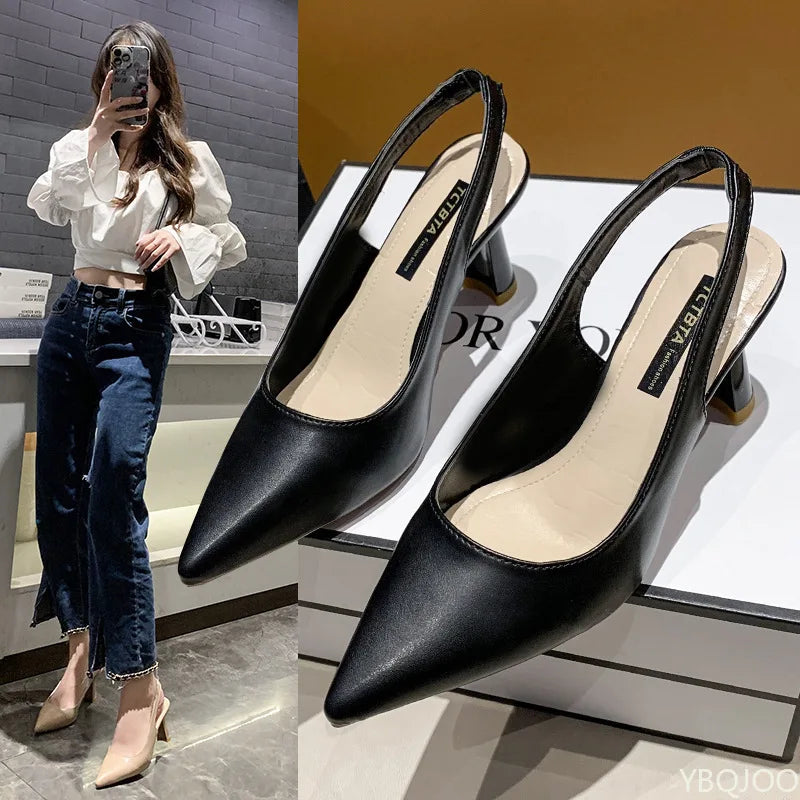 Women’s pointed-toe thin high-heel slingback pumps, black uppers with beige lining