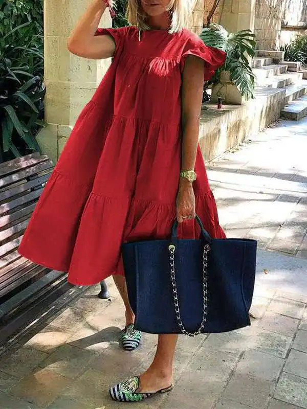 Red tiered midi dress with ruffle-trim neckline and short puff sleeves