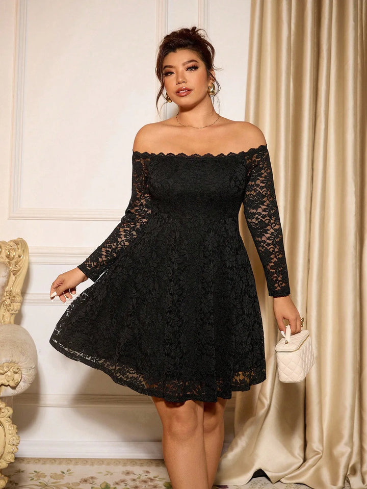 Women's Plus Size Black Floral Lace Dress, Front View Showing Flared Skirt Held Out