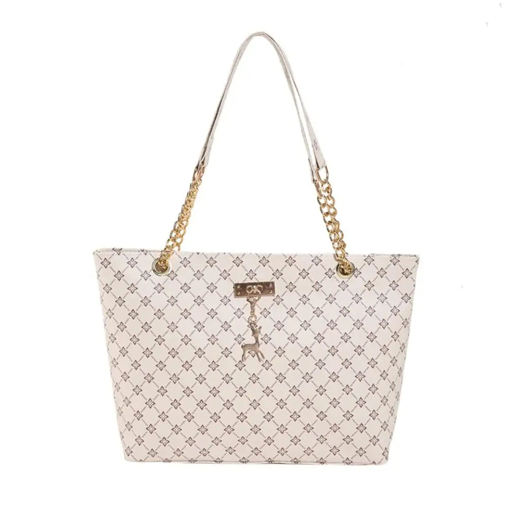 Large patterned bucket tote bag with chain handles and top clasp, light beige/white