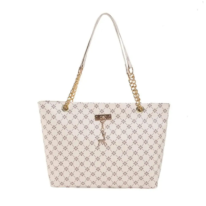 Large patterned bucket tote bag with chain handles and top clasp, light beige/white