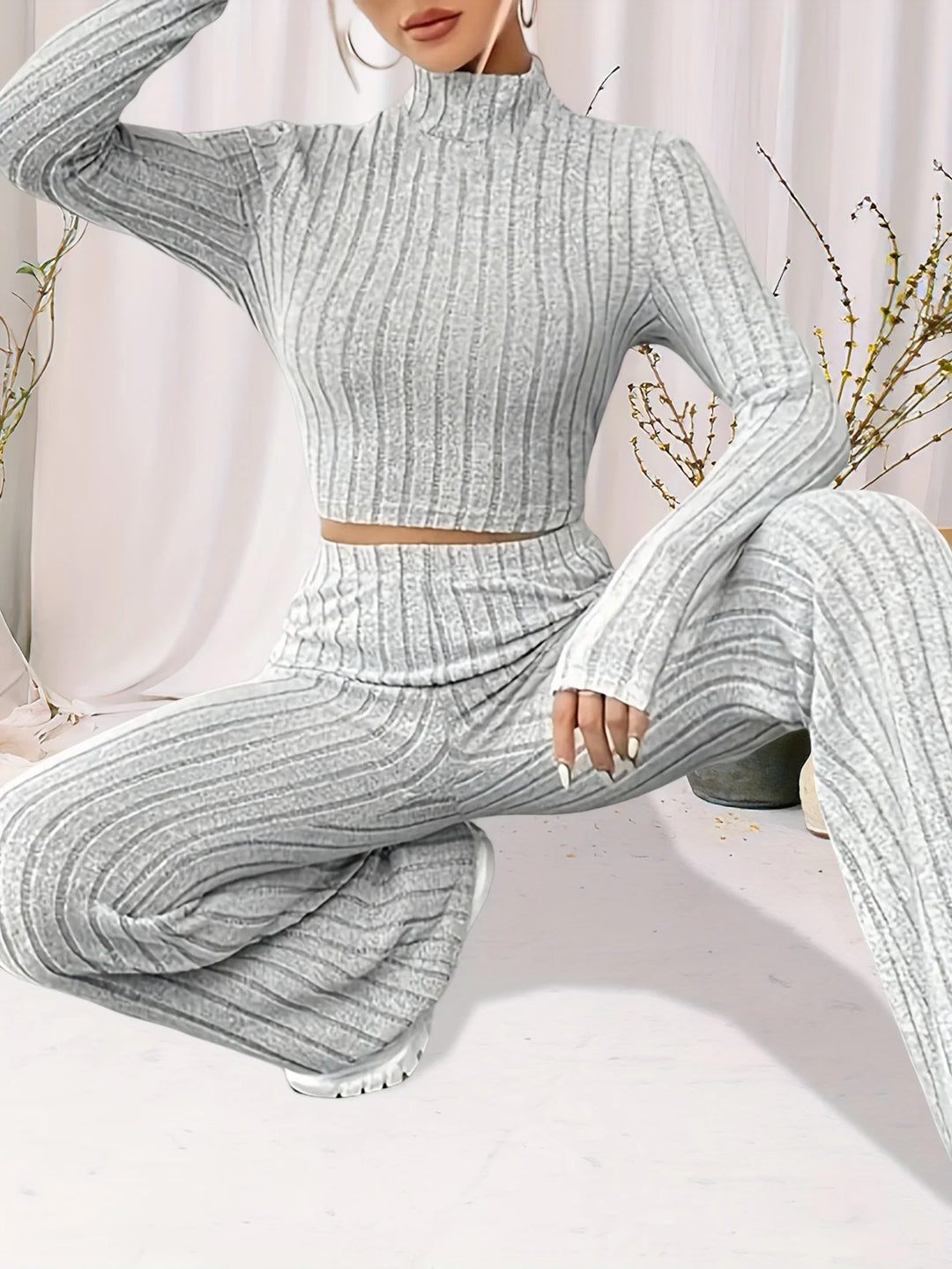 Warm Knitted Long Sleeve Turtleneck Top & Pants Set - Flossy Mom