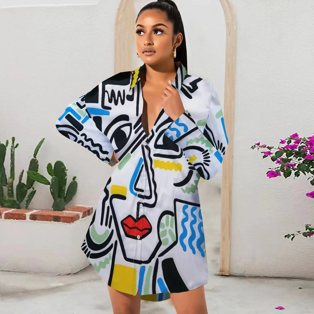 Woman wearing a colorful, abstract-patterned dress in a room with plants.