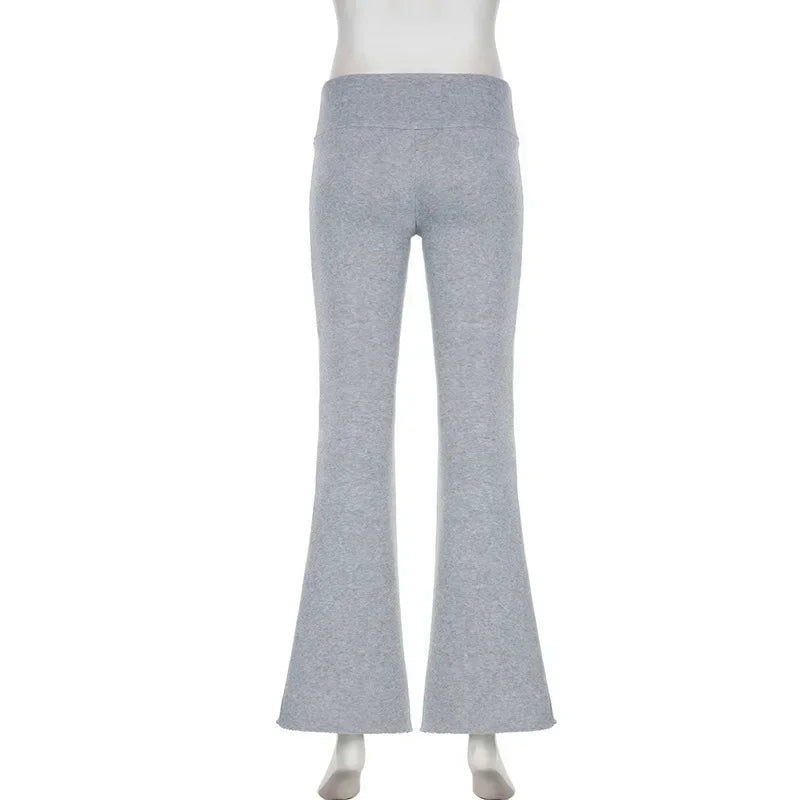 Gray bootcut dress pants with hidden elastic waist, straight legs and flared cuffs