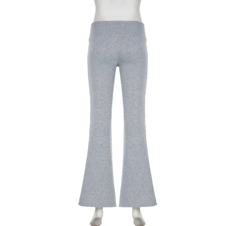Gray bootcut dress pants with hidden elastic waist, straight legs and flared cuffs