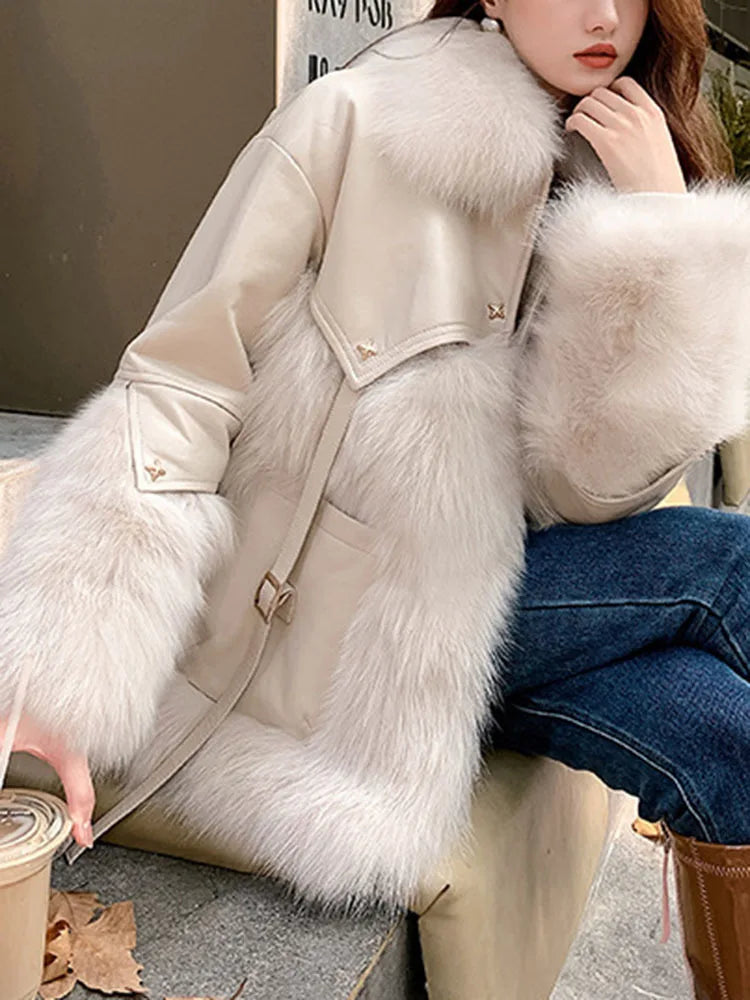 Creamy-white Lapel Zipper Design Leather Fur Coats