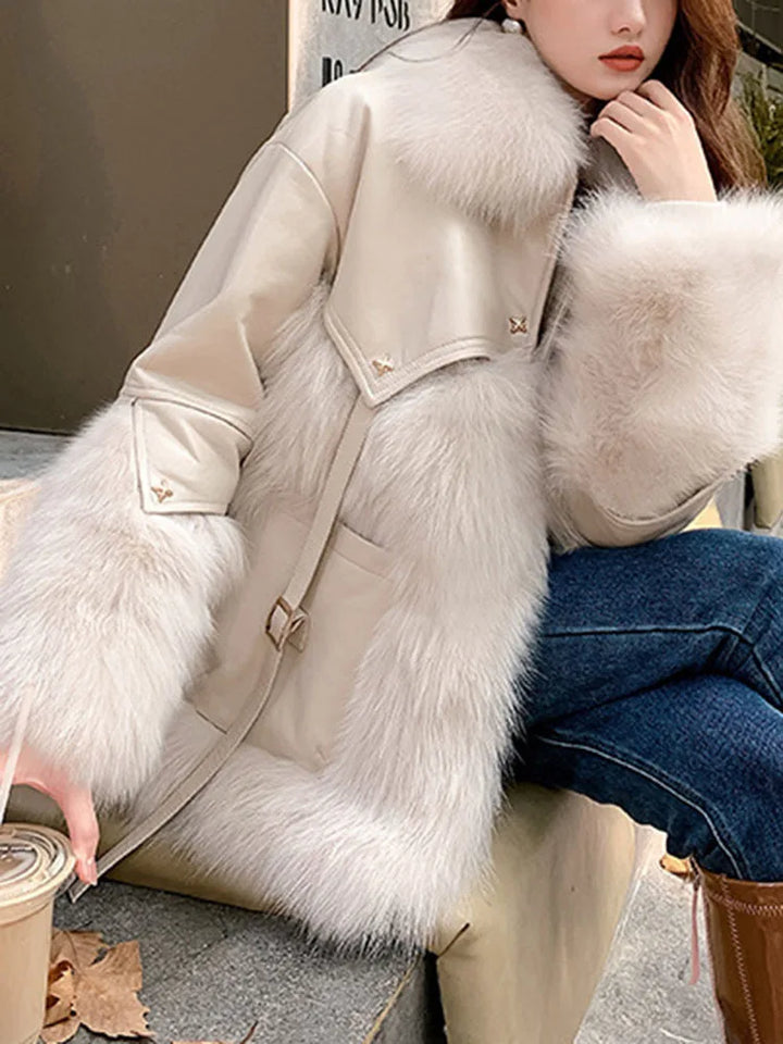 Creamy-white Lapel Zipper Design Leather Fur Coats