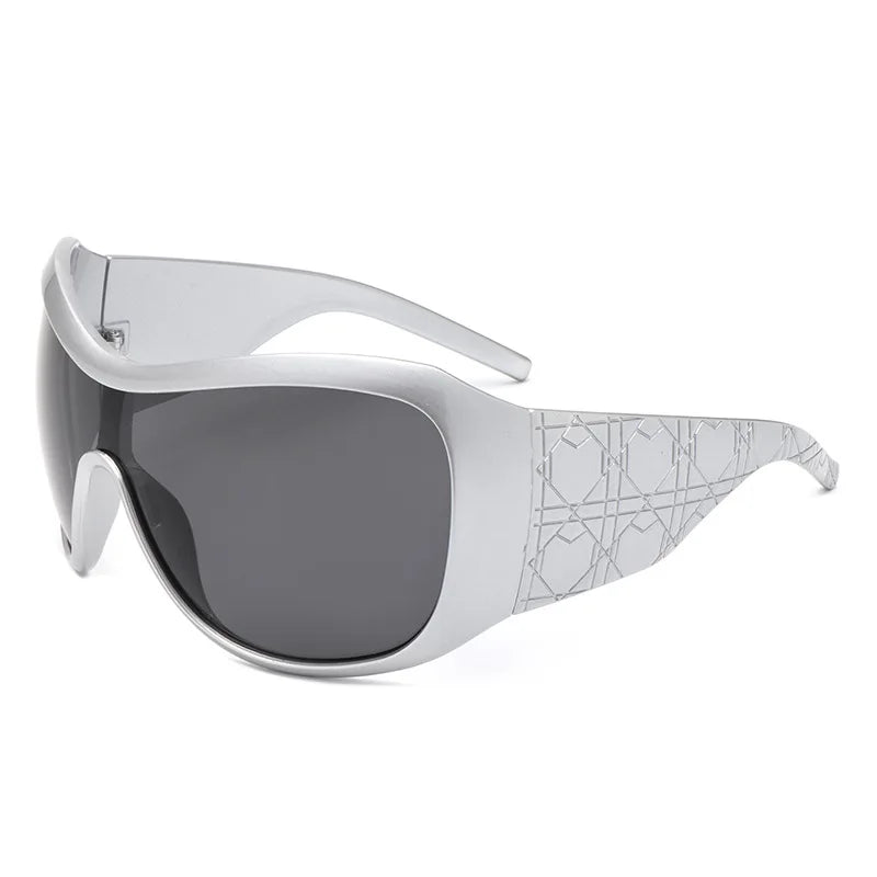 Sunglasses with white frame and dark lenses on a white background