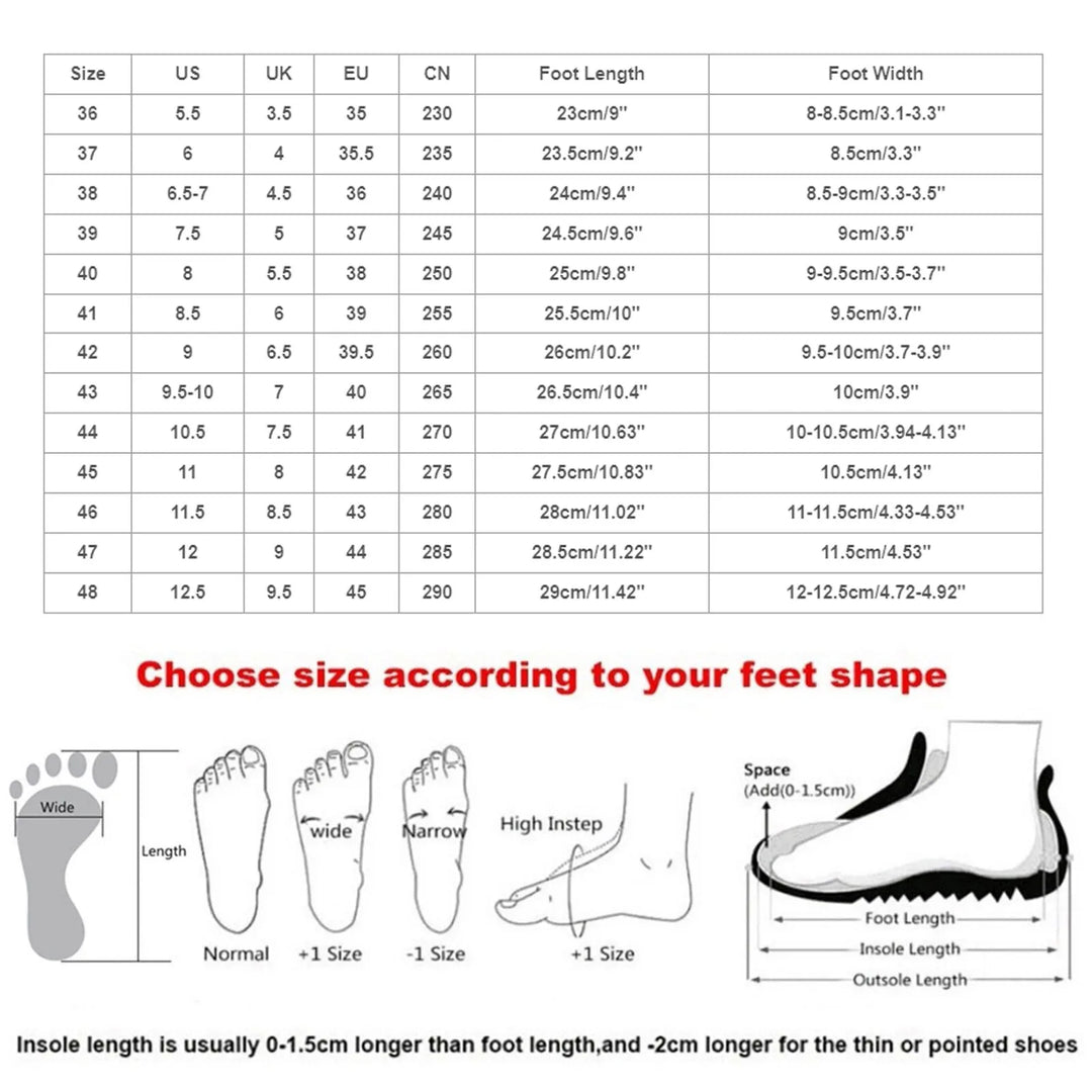 Shoe size chart for slip-on sneakers with foot length and width measurements