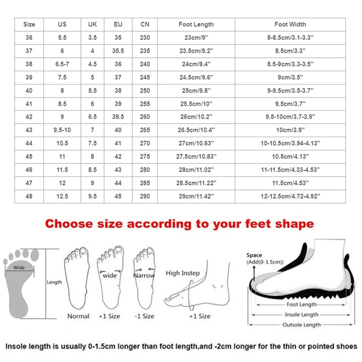 Shoe size chart for slip-on sneakers with foot length and width measurements