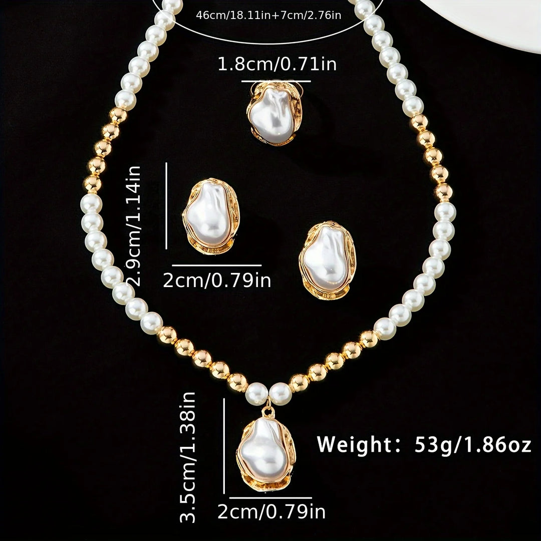 Pearl necklace and earrings set with measurements on a black background
