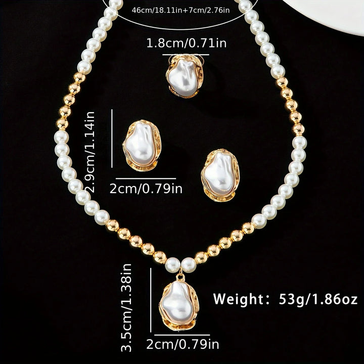 Pearl necklace and earrings set with measurements on a black background