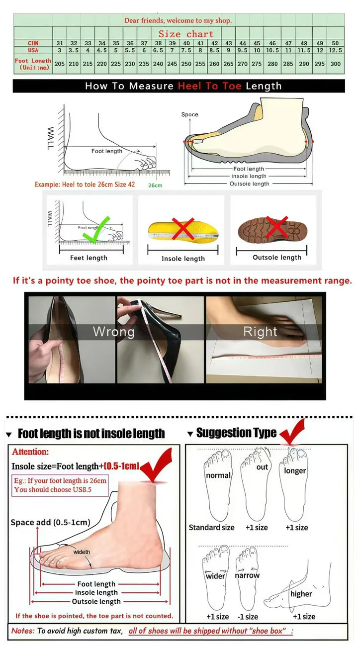 Size chart and measuring guide for heel-to-toe length, foot length, and insole length