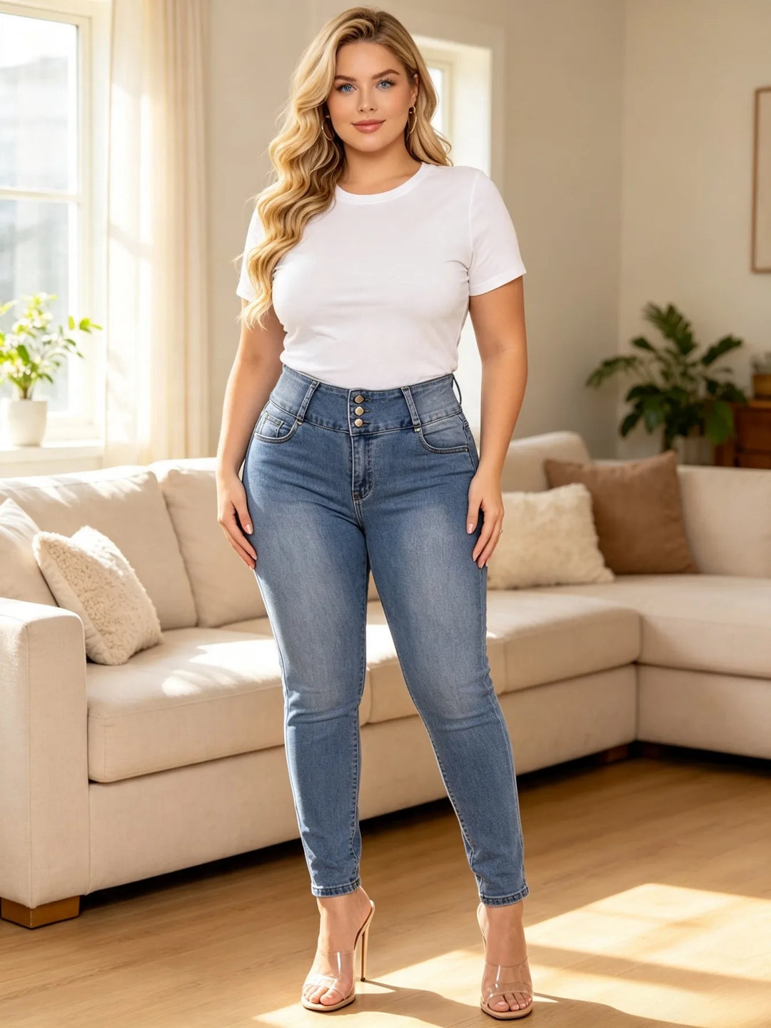 High-rise blue denim jeans, slim fit, 3-button front, back rhinestone pocket detail
