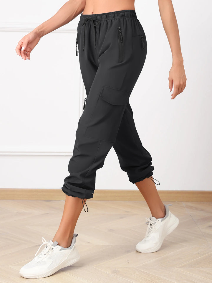 Women's Black Cargo Joggers With Gathered Ankle Cuffs, Side View