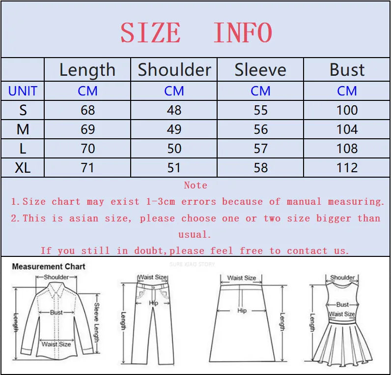 Size info chart with length, shoulder, sleeve, and bust measurements