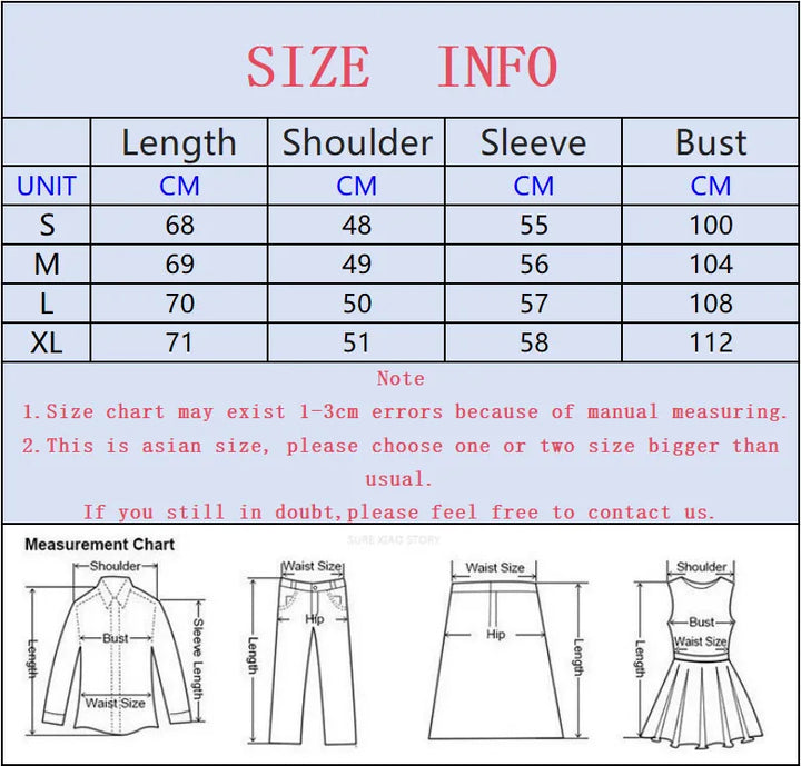 Size info chart with length, shoulder, sleeve, and bust measurements