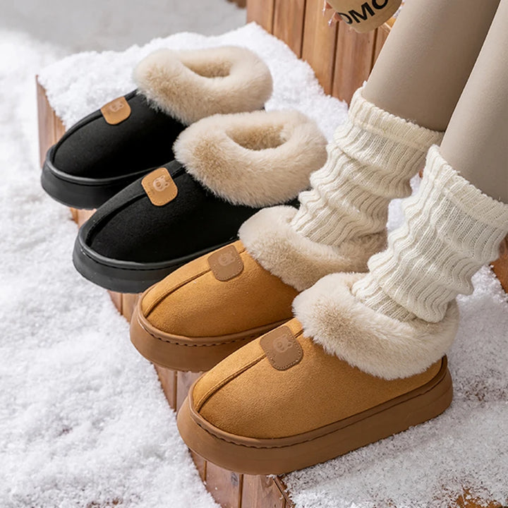 Women’s winter suede snow boots, plush sherpa lining, tan rubber sole, non-slip grip
