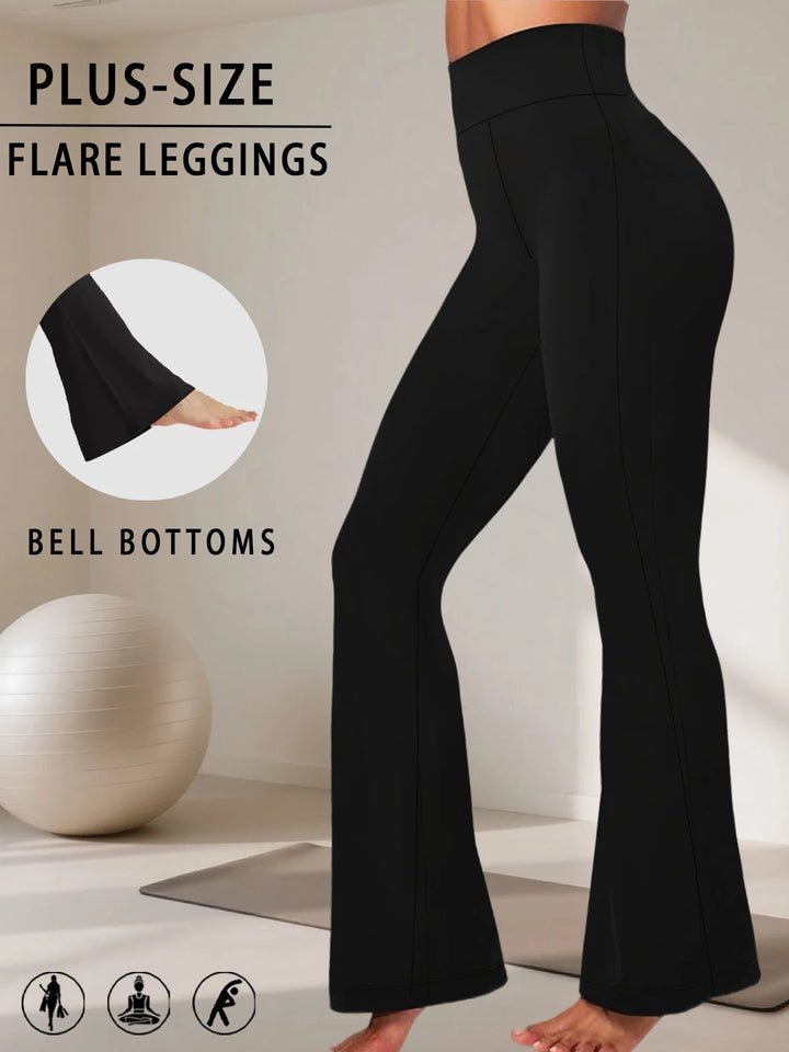 Black plus-size flare leggings with bell-bottoms design on a neutral background.