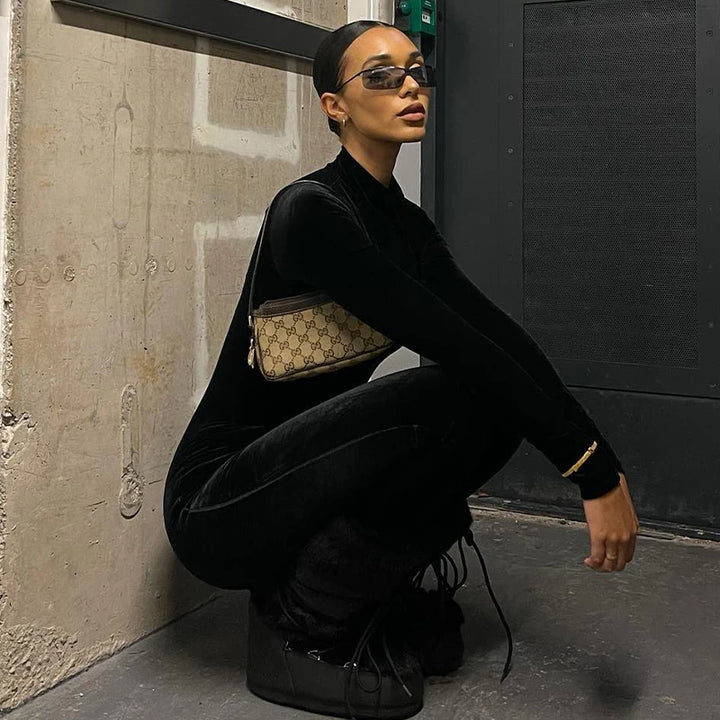 Sexy Y2K Velvet Long Sleeve Bodycon Jumpsuits