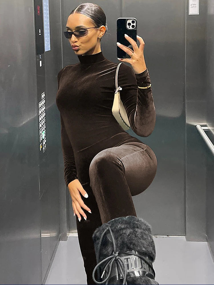 Sexy Y2K Velvet Long Sleeve Bodycon Jumpsuits