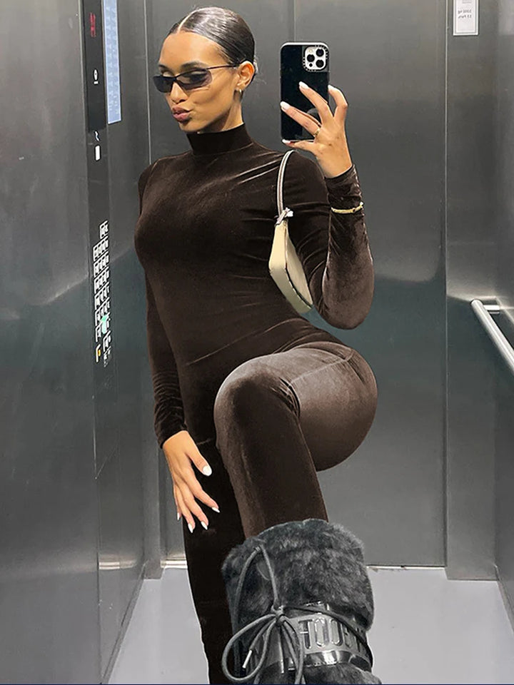 Sexy Y2K Velvet Long Sleeve Bodycon Jumpsuits
