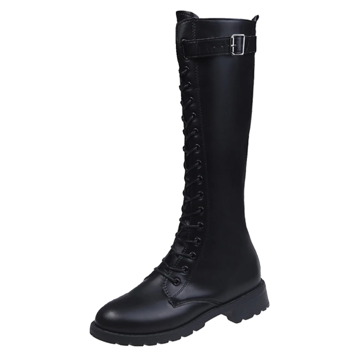Black knee-high boot with a buckle on a white background