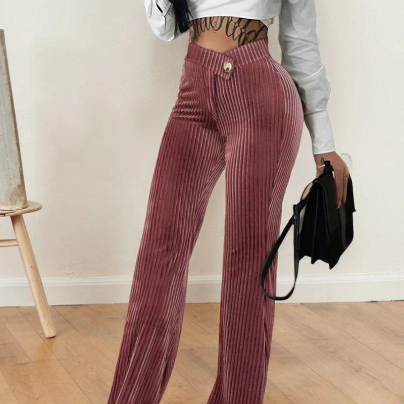 Ribbed velvet flare palazzo pants, high-waist elastic, vertical stripes, rust red