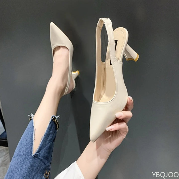 Women’s pointed-toe thin high-heel slingback pumps, light beige faux leather