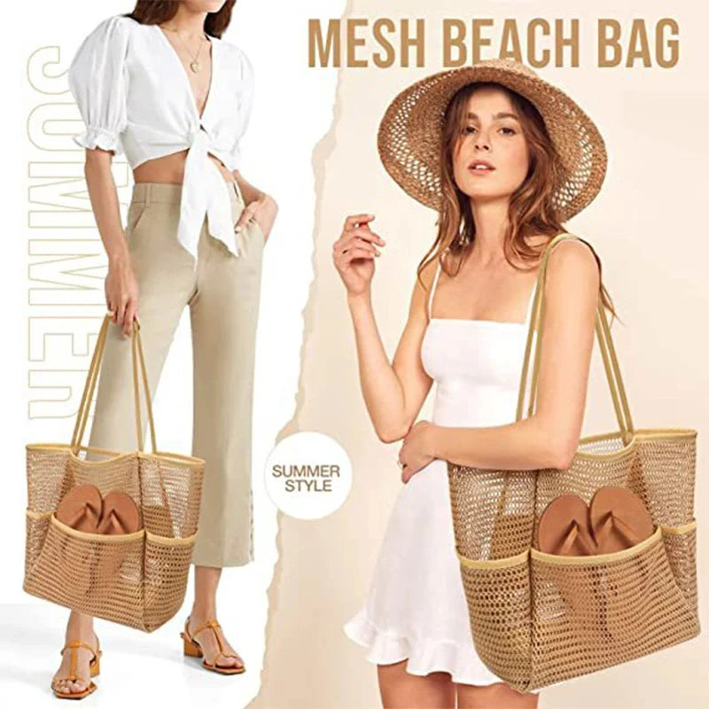 Mesh beach tote in tan with multiple front pockets and long shoulder handles