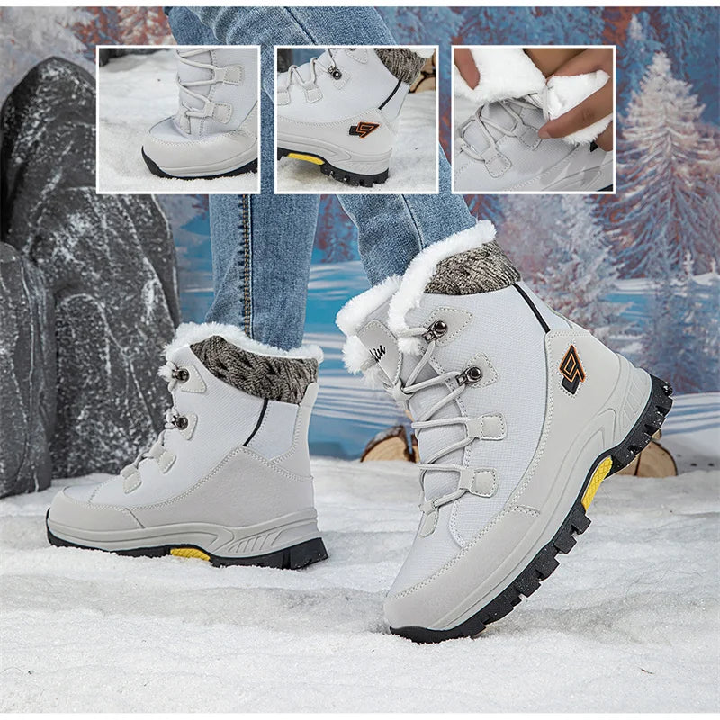 White lace-up platform ski boots with faux-fur trim and rugged rubber sole