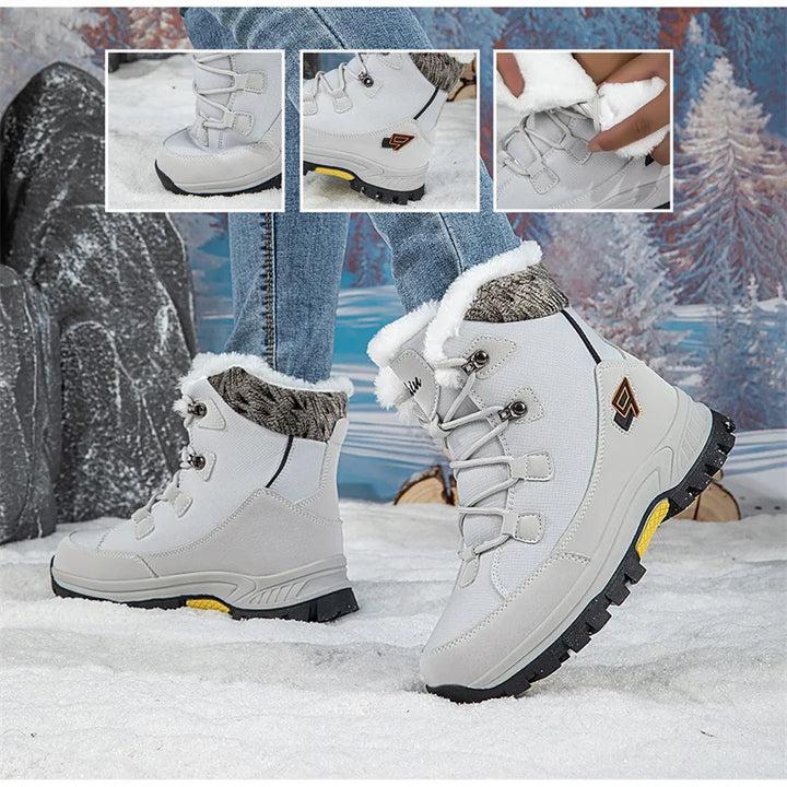 White lace-up platform ski boots with faux-fur trim and rugged rubber sole
