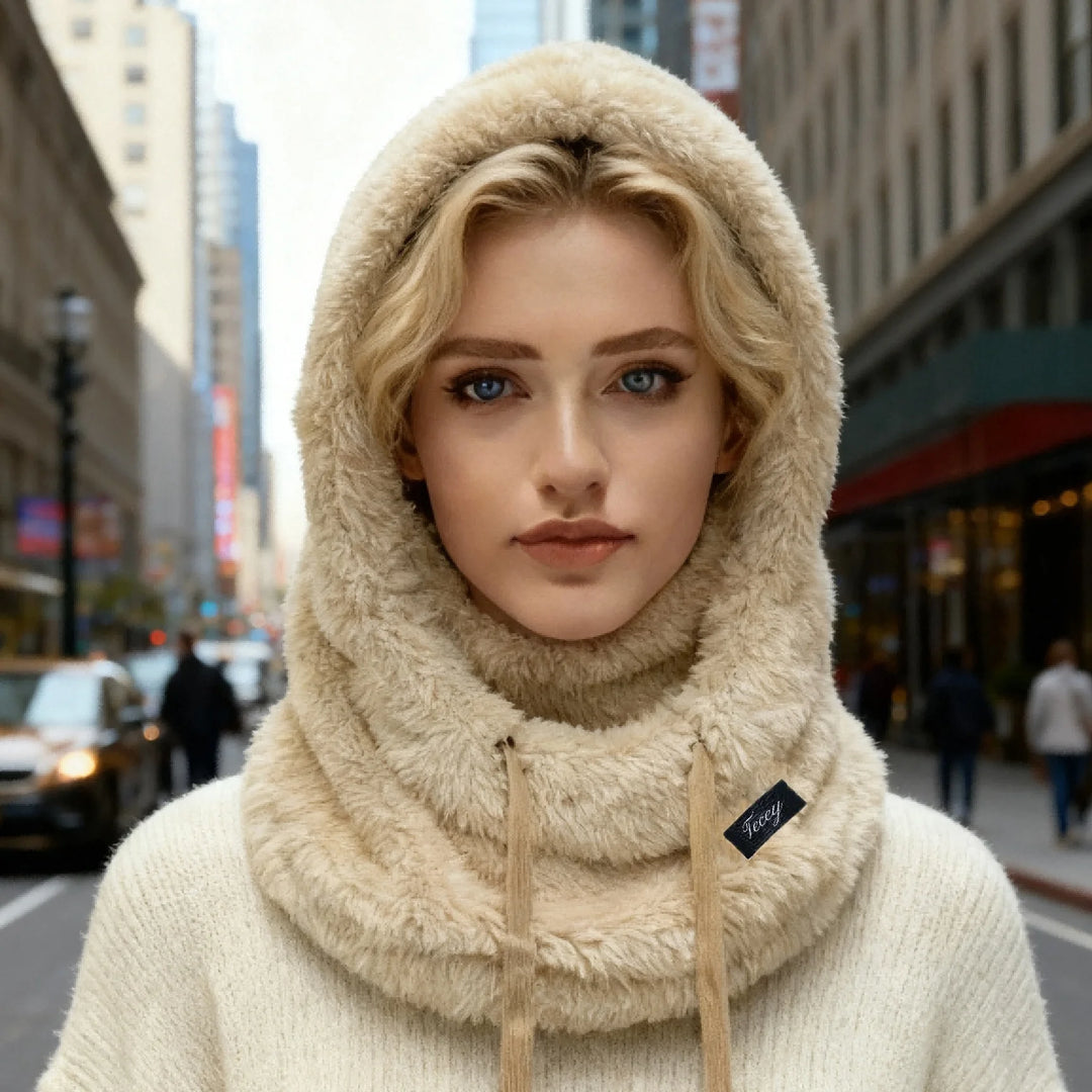 Cream plush hood beanie with face cover and adjustable drawstring ties