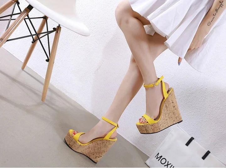 Eilyken women’s yellow platform wedge sandals with ankle buckle straps and open toe